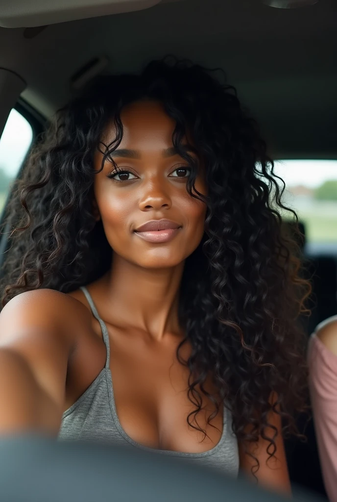  there is a black woman , the woman has curly black curly, she has brown skin, with brownish skin, with long curly, long black wet  bouncy curls  she is taking a selfie in a car with other people 