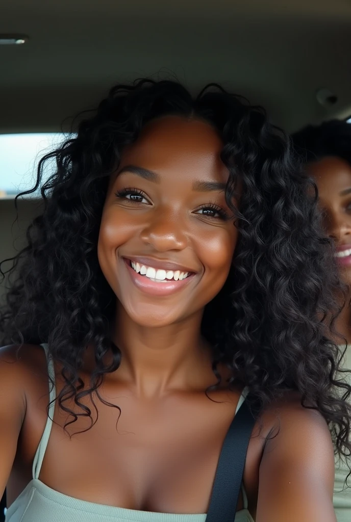 there is a black woman , the woman has curly black curly, she has brown skin, with brownish skin, with long curly, long black wet bouncy curls she is taking a selfie in a car with other people