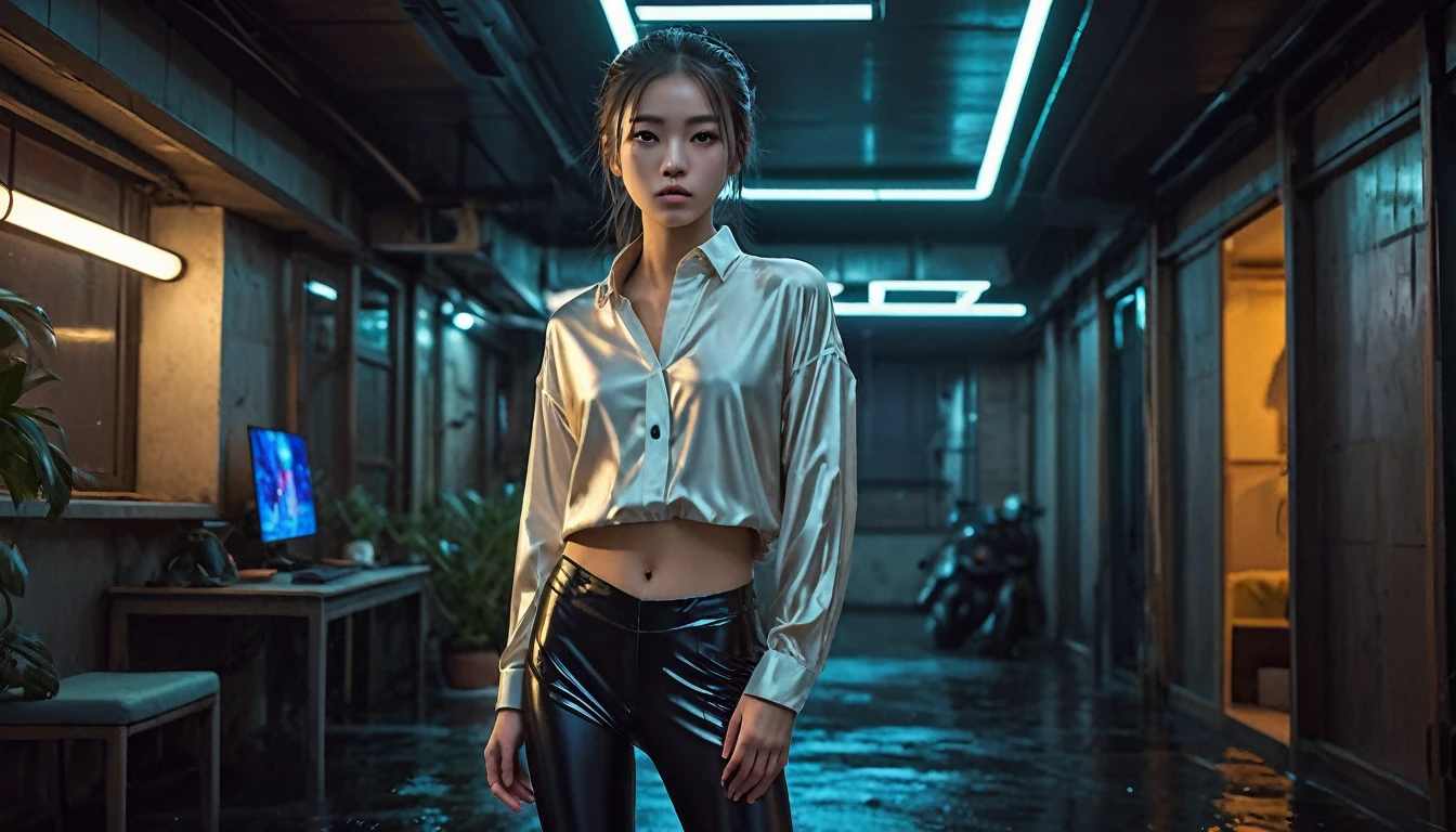 Highest quality, masterpiece, High resolution, 8k, (((She wore an oversized silk blouse and wet-look leggings.、Cute and skinny、A girl who has just come of age, Bare Belly, wide neckline, Deep neckline, small and taut breasts, Beautiful attention to detail, Beautiful lip detail, Small closed mouth, Highly detailed face, Long ponytail, Small hips))), Cyberpunk Apartment, Gloomy atmosphere, Dramatic and random neon colors, Futuristic Setting, Intricate details, At night, Backlight, Full Body Shot, A view from afar