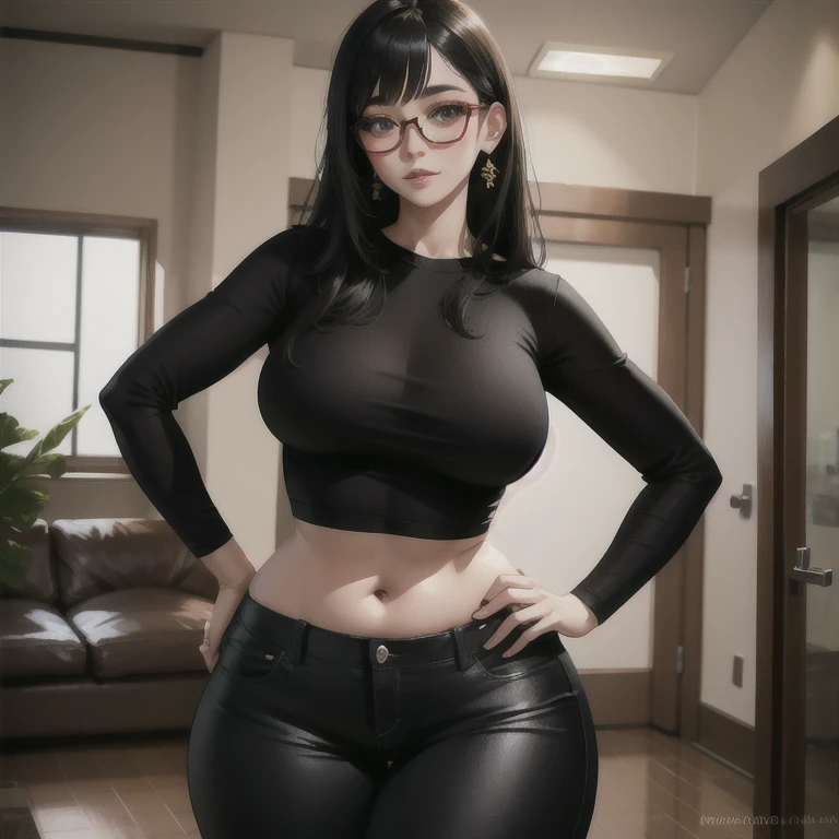 beautiful detailed, cute face, , medium black hair, black hair over one eye, glasses, long sleeve T-shirt, long pants, pearshaped wide hips, thick thighs, solo, voluptuous breasts,