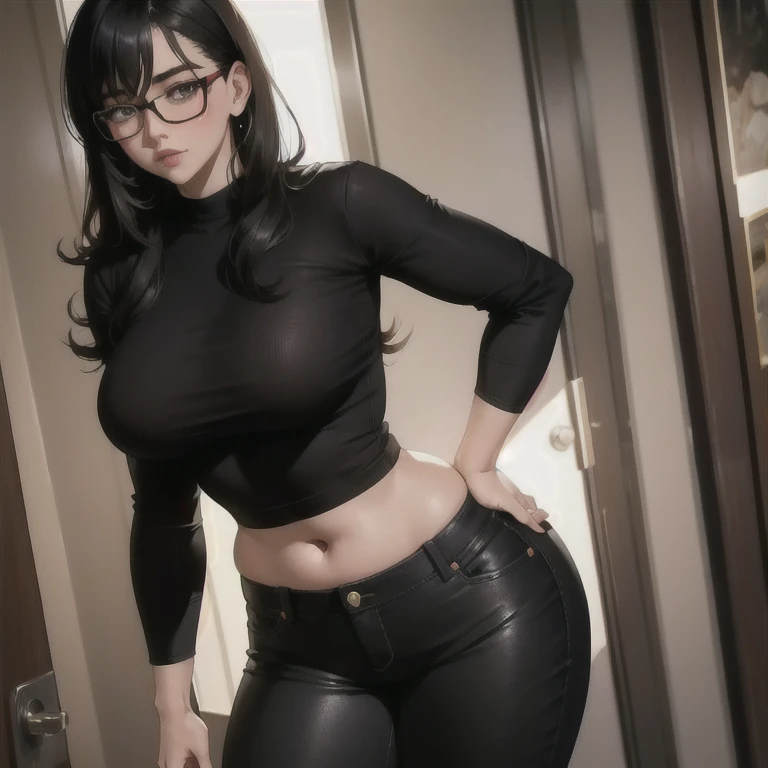 beautiful detailed, cute face, , medium black hair, black hair over one eye, glasses, long sleeve T-shirt, long pants, pearshaped wide hips, thick thighs, solo, voluptuous breasts,