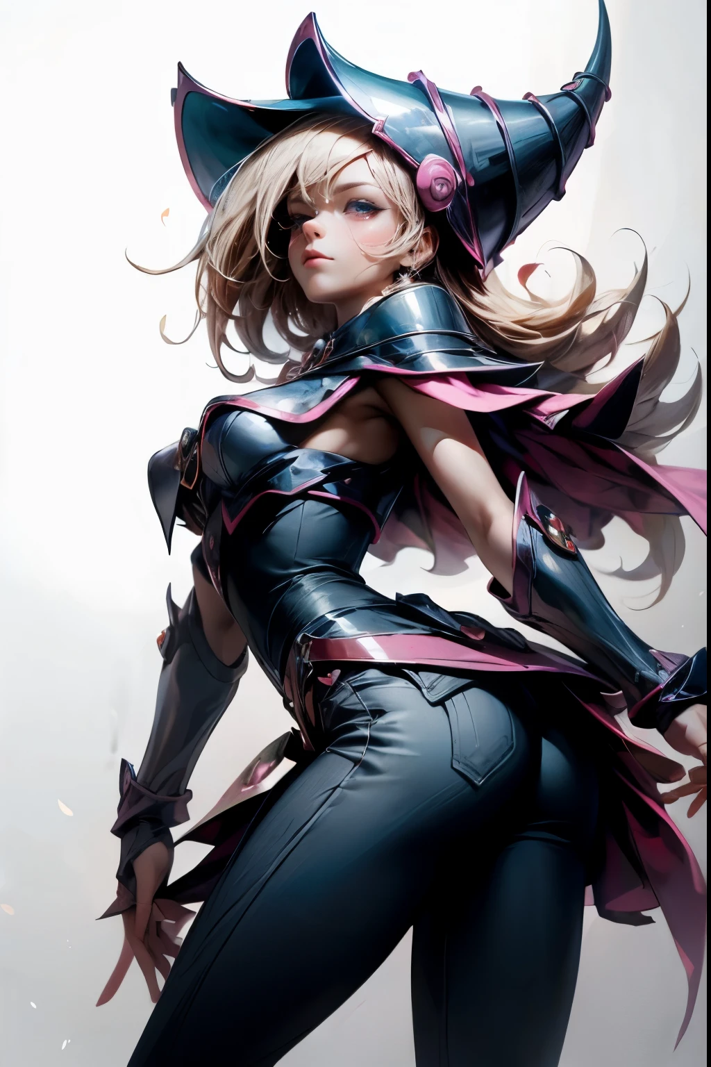 dark magician gils, with high-heels. Pants, sexy, Subjective and sensual pose, standing showing her butt. magic background. Magical heart in the air. magic circle