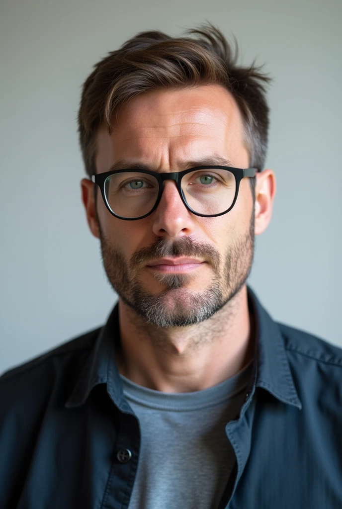 I need a picture of a man in smart casual clothes, glasses and approximately 37 years old, neutral background and more serious expression. 