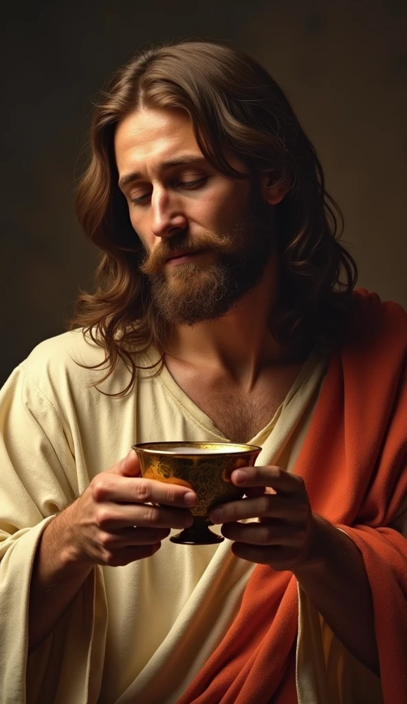 Create an image of Jesus based on the following Bible verse: Similarly, Also, He took the cup, after supper, saying: This cup is the New Testament in my blood; do this, every time you drink, in memory of me. For as often as you eat this bread and drink this cup