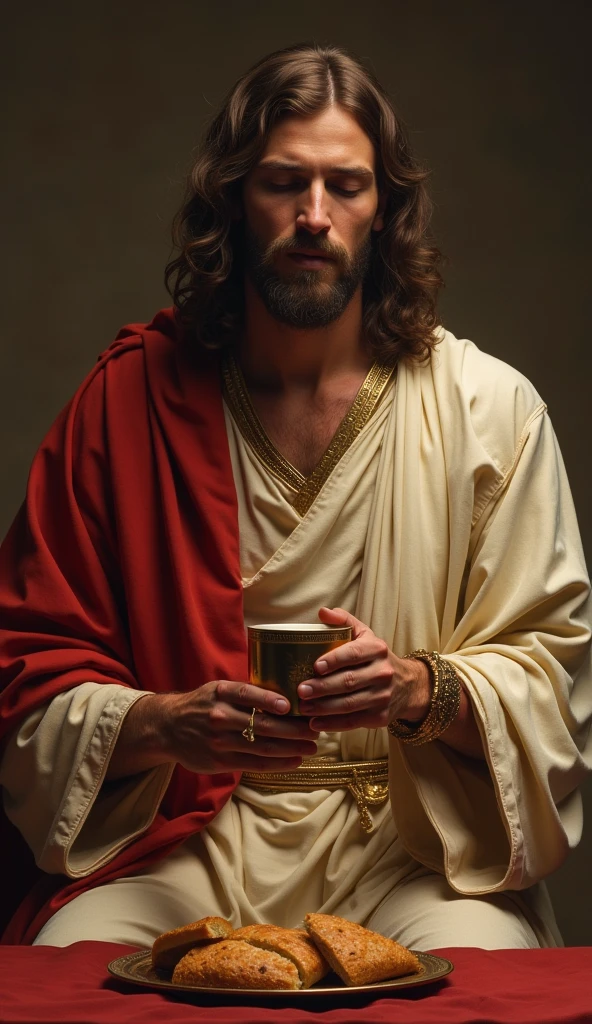 Create an image of Jesus based on the following Bible verse: Similarly, Also, He took the cup, after supper, saying: This cup is the New Testament in my blood; do this, every time you drink, in memory of me. For as often as you eat this bread and drink this cup