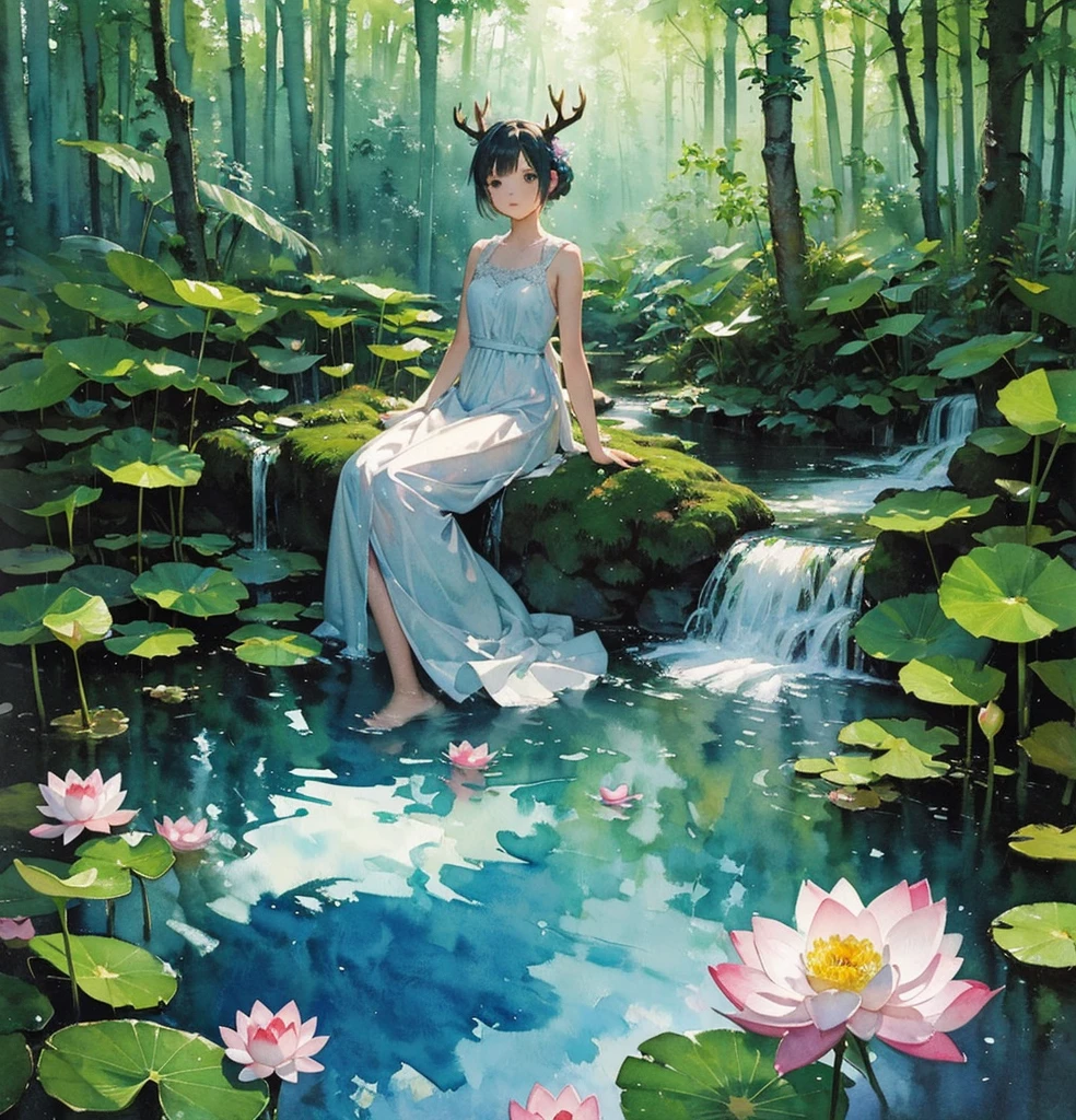 (masterpiece, Highest quality, Highest quality,watercolor (Moderate),Official Art, beautifully、aesthetic:1.2),One girl, Fairy, Misty Forest, Sitting, Underwater, waterfall, Deer horn, Lotus, avert your eyes, Blurred foreground, sunlight, Bokeh,