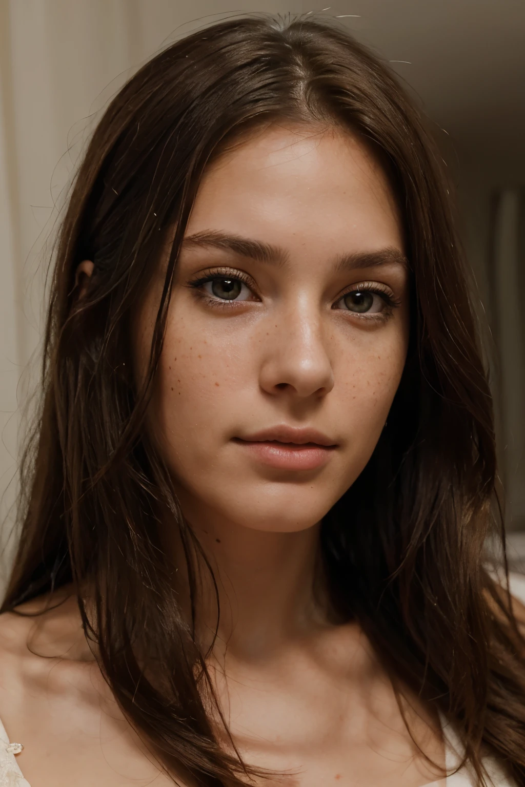 Ultra realistic photo portrait Of a brunette girl facing the camera with straight hair, mature, clean, class
Natural, Stunning, Beautiful, European, perfect traits, no make-up, few freckles, Meticulously detailed, 4k, highly detailed, award-winning photography
