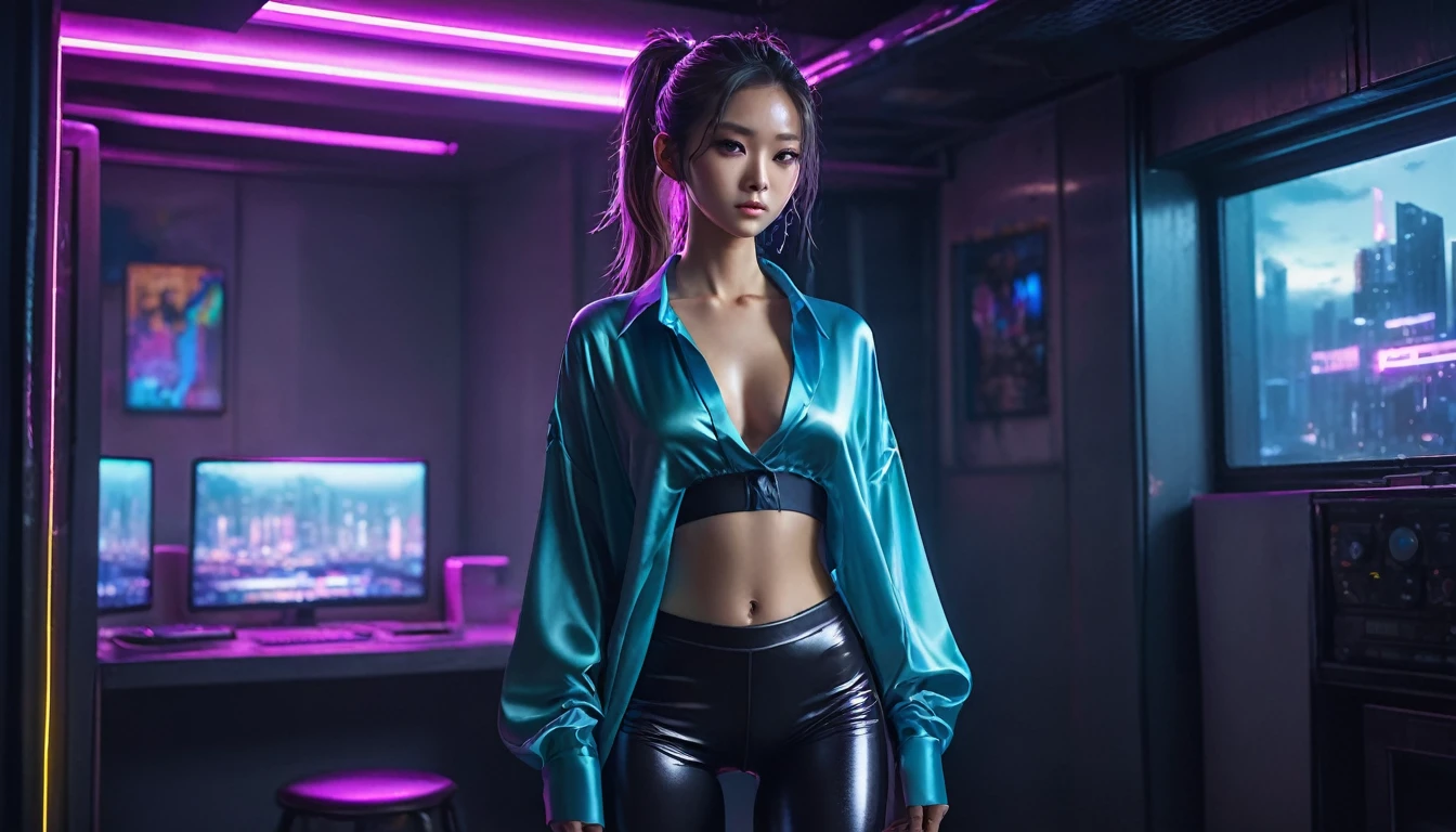 Highest quality, masterpiece, High resolution, 8k, (((She wore an oversized silk shirt and wet-look leggings.、Cute and skinny、A girl who has just come of age, Bare Belly, wide neckline, Deep neckline, small and taut breasts, Beautiful attention to detail, Beautiful lip detail, Small closed mouth, Highly detailed face, Long ponytail, Small hips))), Cyberpunk Apartment, Gloomy atmosphere, Dramatic and random neon colors, Futuristic Setting, Intricate details, At night, Backlight, Full Body Shot, A view from afar, Random Pause