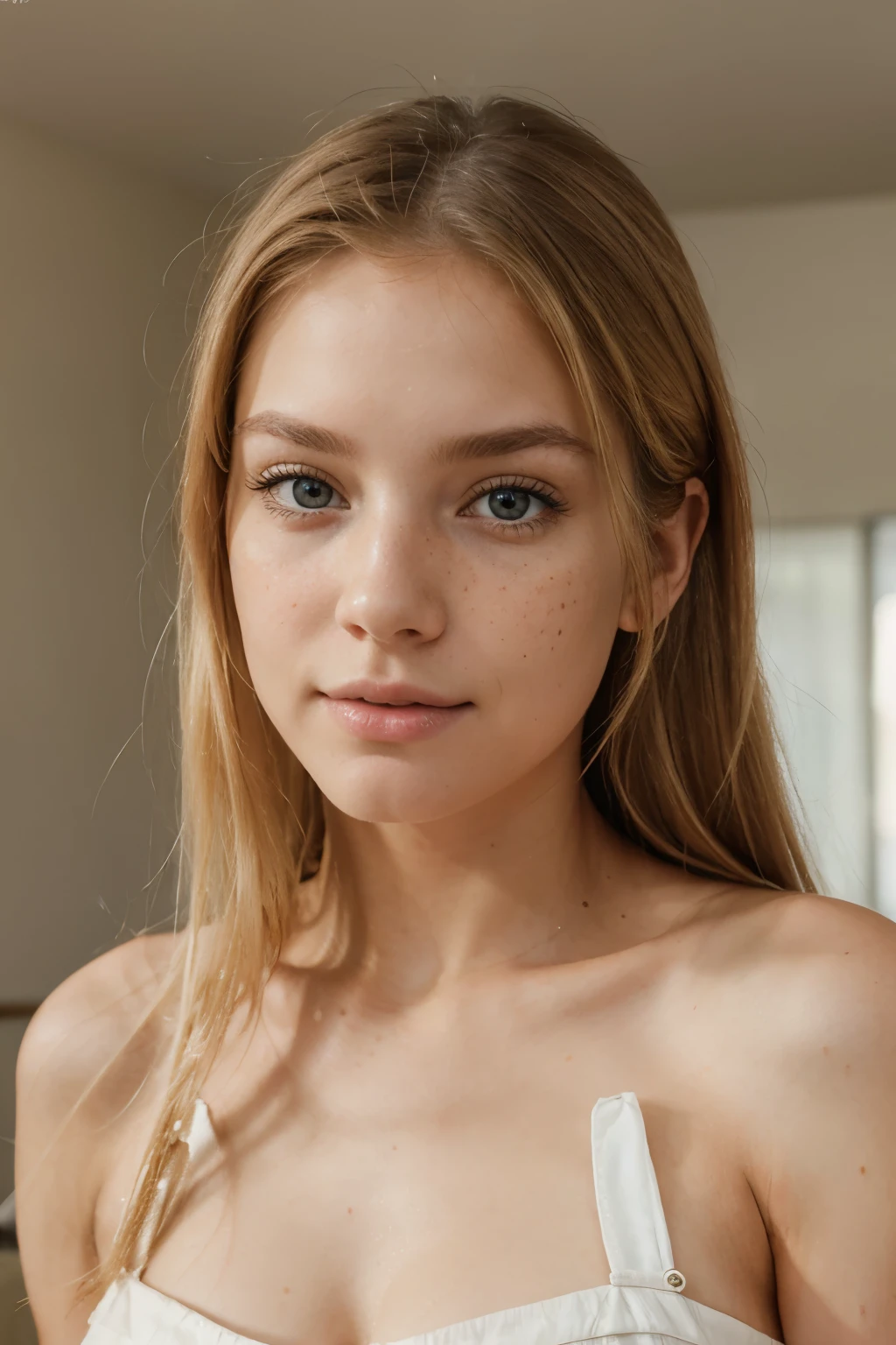 Ultra realistic photo portrait Of a blonde girl facing the camera with straight hair,
Natural, Stunning, Beautiful, European, mature, clean class,,perfect traits, no make-up, few freckles, Meticulously detailed, 4k, highly detailed, award-winning photography, look like a starr or a tiktok girl, the whole face is cleared no hair goes in the way