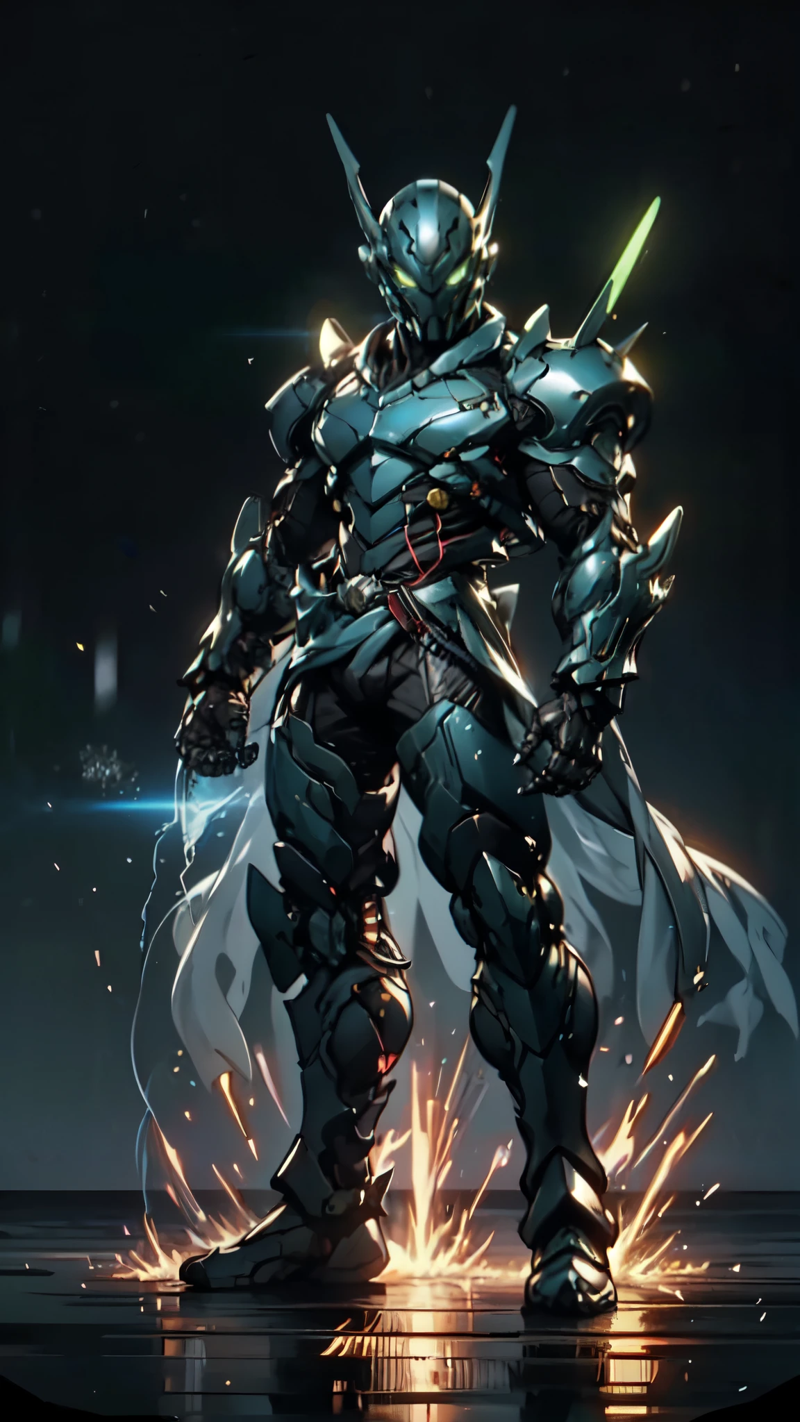 (masterpiece:1.5, best quality:1.5, extremely delicate:1.5), a man wearing a full-face helmet, a fantasy-style biotech armored combat suit, green eyes, (a composite layered chest armor), fully enclosed shoulder guards, matching arm and leg guards, belt of Neon circuit, (the color scheme is primarily blue with red and black accents), the design balances heavy with agility, a high-tech bio-mecha armor, (Armor Concept Inspired by neon Cyberpunk, stand on the top of a skyscraper in a futuristic sci-fi city), this character embodies a finely crafted fantasy-surreal style armored hero in anime style, exquisite and mature manga art style, (element, plasma, energy, the armor glows), ((male:1.5)), metallic, high definition, highres, ultra-detailed, ultra-fine painting, professional, perfect body proportions, golden ratio, anatomically correct, symmetrical face, extremely detailed eyes and face, high quality eyes, creativity, RAW photo, UHD, 32k, Natural light, cinematic lighting, masterpiece-anatomy-perfect