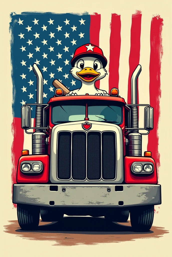 Create shirt with the USA flag in the background in a front make truck duck without hat on truck with baseball bat