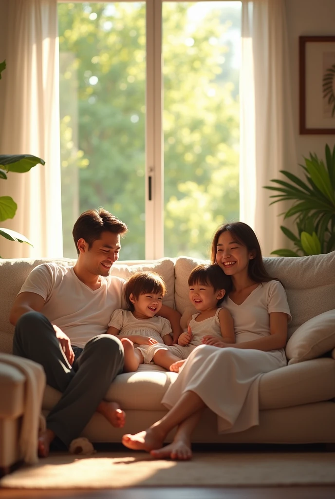 Generate me an image of a family sitting on a sofa , while enjoying the freshness of your air conditioning 