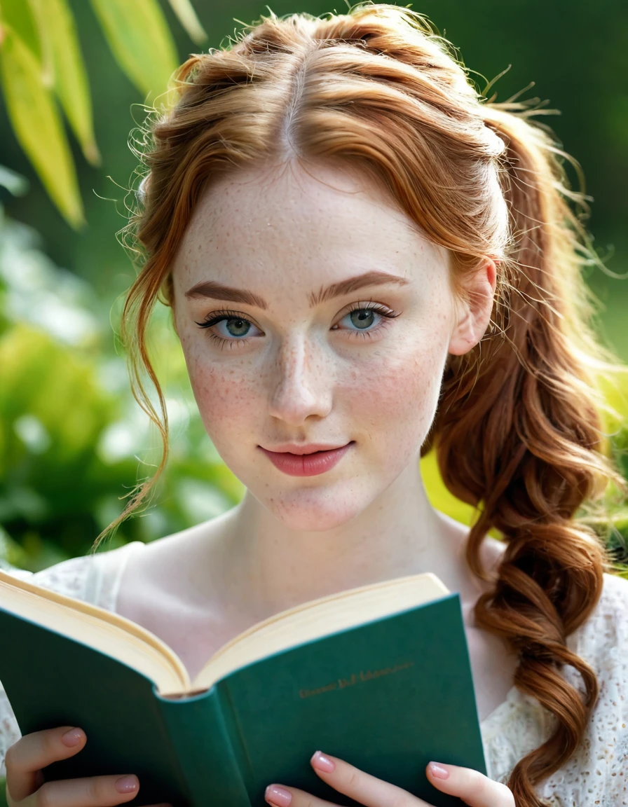 photography half body portrait of very beautiful realistic girl, reading a book in the garden, 15-years-old, porcelain skin, very fair skin, very pale skin, redhead, wavy, ponytail, detail freckles skin, hazel eyes, slanted eyes, small nose, small nostril, thick curved eyebrow, thick bottom lip, seductive gaze, happy face, unique face, wear fancy dress, detail photo, realistic photo, master piece picture, sharp picture, outdoor clear daylight