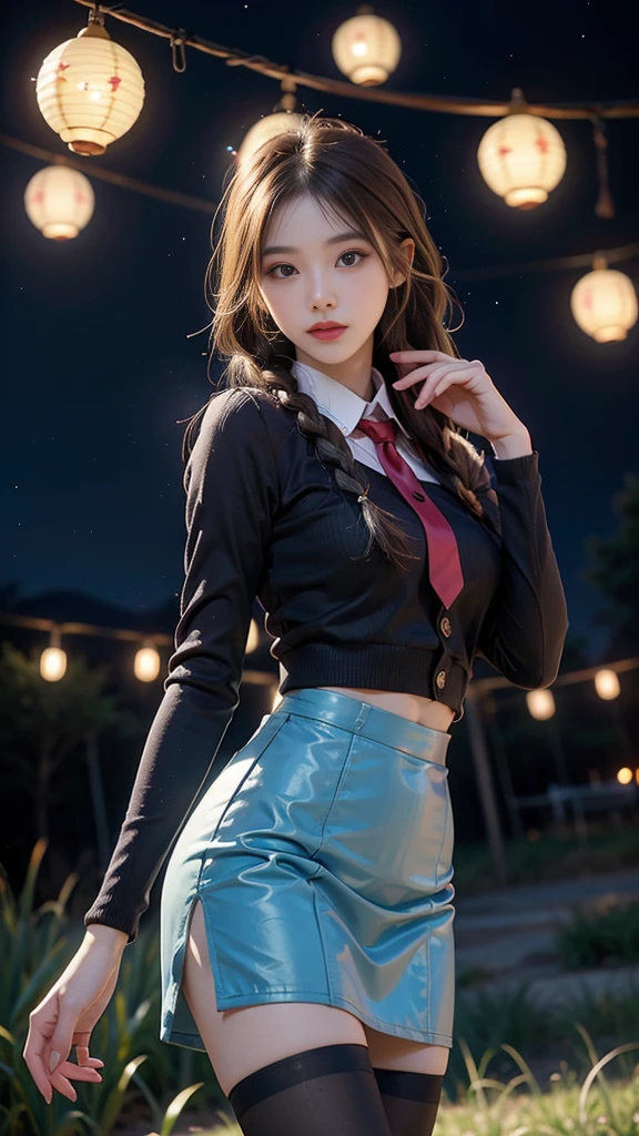 ulzzang-6500-v1.1, (RAW photo: 1.2), (Real photo), (Real photo: 1.4), 1 girl、Perfect anatomy、19 years old、Looking at the camera、Medium length hair、side braids, uniform short skirt, in a surreal royal garden, with many hanging lanterns, under the starry night sky, ((starry night: 1.1))、(Surreal tights: 1.2), (Business service)、Asian eyes Ella,