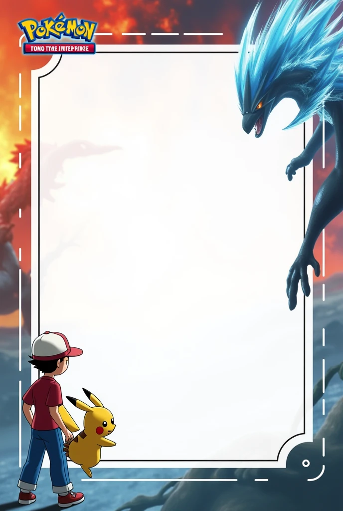 I apologize for the confusion. I understand now that you want to use the dynamic battle scene as the background for the entire template. Let me provide a revised prompt that accurately reflects your request:
"Create a Pokemon-themed invitation template with two layers:
Background Layer:
Use the provided dynamic battle scene as the full background. This image shows two legendary Pokemon in intense combat - one using fire-type moves with warm colors (red and orange), and the other using water-type moves with cool colors (blue and cyan). The battle should fill the entire background, creating a vibrant and energetic backdrop.
Foreground Layer:
Overlay a semi-transparent white rectangle with rounded corners in the center, taking up about 70% of the template's height and 90% of its width. This area should be empty to allow space for TCG card images.
At the top of this white space, position a semi-transparent 'Pokemon' logo in light blue and yellow.
In the bottom left corner of the white area, place more realistic versions of Ash (as ) and Pikachu, occupying about 20% of the template's height.
Add a red border at the very top of the template, a thin black line beneath it, and a gray section at the bottom, as in the original template.
The overall effect should be a dynamic, colorful background with a clean, semi-transparent white area for content overlay, combining the energy of Pokemon battles with a functional design for showcasing TCG cards."