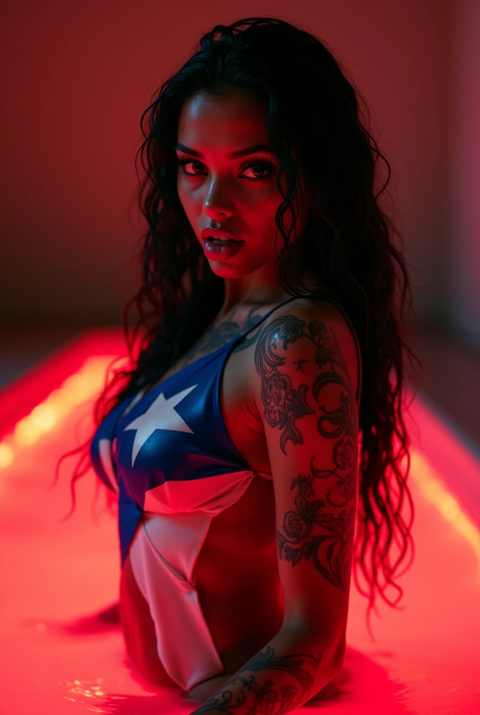 Side View :{Higher resolution of a baddie caramel, latina blasian mixed women with a big booty,colorful tattoos ,glossy skin extremely long wet glossy black hair touching the floor,} she wrapped around in a puerto rican flag but nothing under it she is naked  , she standing in bioluminescent red glowing water, smiling with her tongue out, with saliva dripping from her tongue ,sexual look