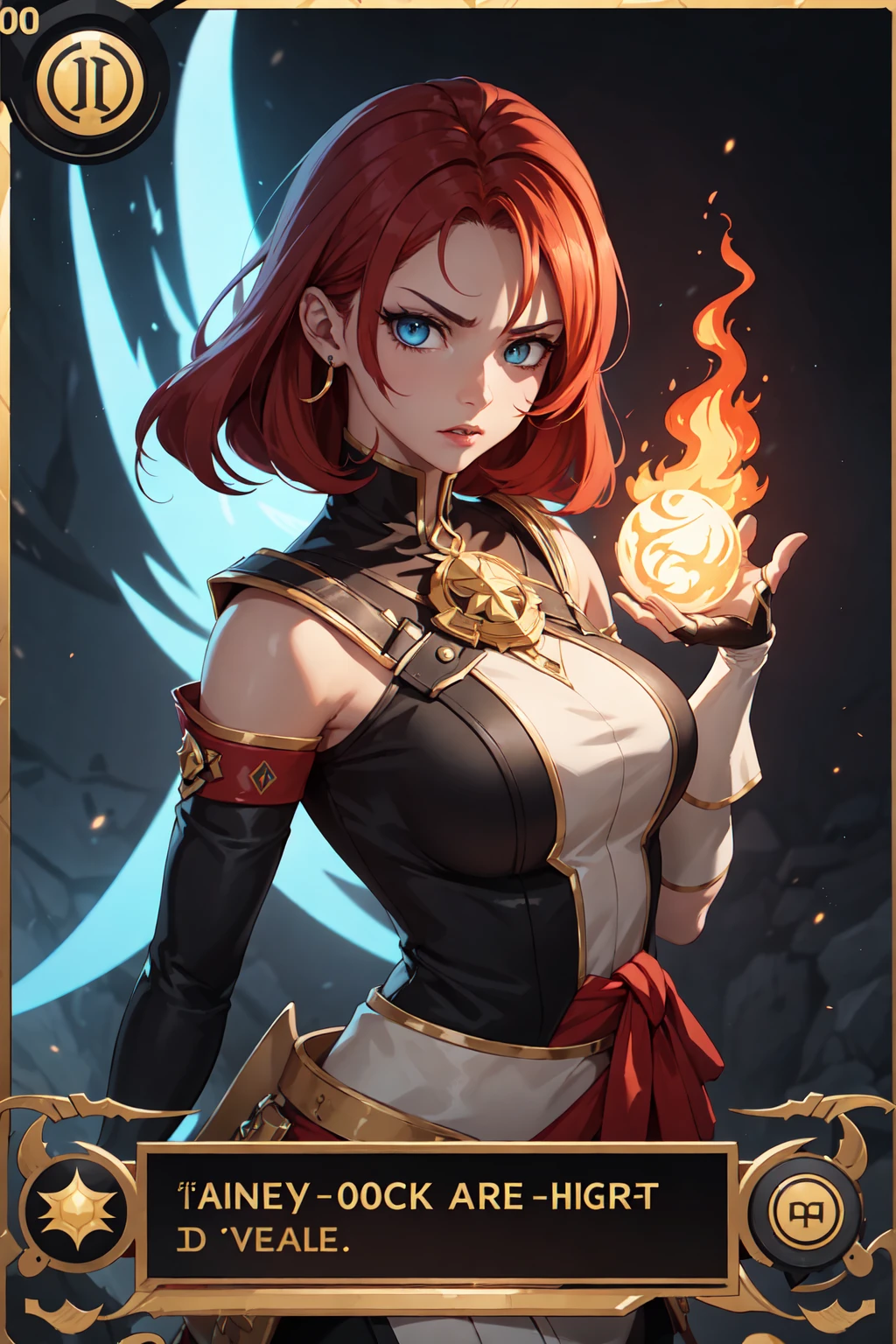 An awe-inspiring 8k 3D board game card featuring Samira, the captivating heroine with fiery red hair and piercing blue eyes. She wears a regal outfit in white, black, red, and gold, exuding unwavering confidence. Clutching a conjured ball of fire in her hand, Samira's intense expression conveys her unwavering determination. Her impressive stats are displayed in a golden border: "ATTACK: 2000," "MAGIC: 3500," and "DEF: 1500." The FIRE element symbol glows, along with the name "SCARLET FURY." The "RDF" logo and your signature, "Dragonsteel7," complete this visually stunning and emotionally charged card. The cinematic style, poster-worthy design, and anime-in, illustration, architecture, dark fantasy, cinematic, product, poster, typography, wildlife photography, vibrant, conceptual art, photo, anime, 3d render, fashion, ukiyo-e, portrait photography, graffiti, painting