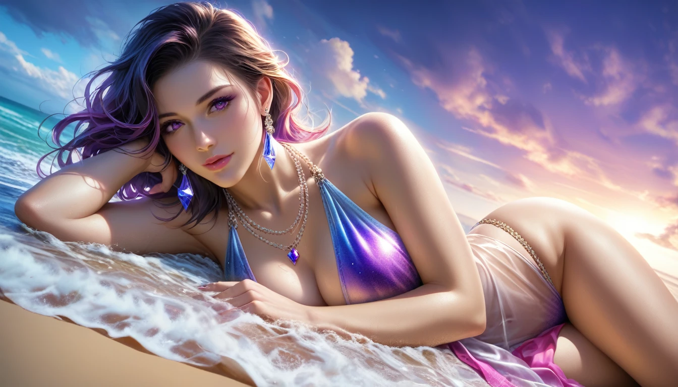 score_9, score_8_superior, score_7_superior, A masterpiece in 32K resolution,Highest quality,it is really amazing,Very detailed,Ultra-high resolution,Ultra-realistic,Realistic,Increased depth of field,Cinematic lighting,
Sexy mature Japan woman,
black straight medium hair,Ultra-detailed and beautiful face,A rich expression,Translucent white skin,Realistic skin texture,
Elegant swimwear,
Elegant and luxurious design,Colorful color patterns,Beautifully detailed decoration,Detailed fabric texture,
Gorgeous necklace,Earrings,
Dark skies before the storm,Dark clouds covering the dark sky,Thunderclouds rolling in,Coastline at night,Stormy seas,delay々A desolate sandy beach that continues,
Dramatic Angle,Great proportions,Lying on the sandy beach,