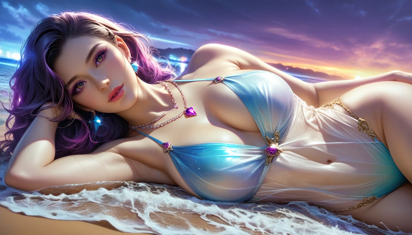 score_9, score_8_superior, score_7_superior, A masterpiece in 32K resolution,Highest quality,it is really amazing,Very detailed,Ultra-high resolution,Ultra-realistic,Realistic,Increased depth of field,Cinematic lighting,
Sexy mature Japan woman,
black straight medium hair,Ultra-detailed and beautiful face,A rich expression,Translucent white skin,Realistic skin texture,
Elegant swimwear,
Elegant and luxurious design,Colorful color patterns,Beautifully detailed decoration,Detailed fabric texture,
Gorgeous necklace,Earrings,
Dark skies before the storm,Dark clouds covering the dark sky,Thunderclouds rolling in,Coastline at night,Stormy seas,delay々A desolate sandy beach that continues,
Dramatic Angle,Great proportions,Lying on the sandy beach,
