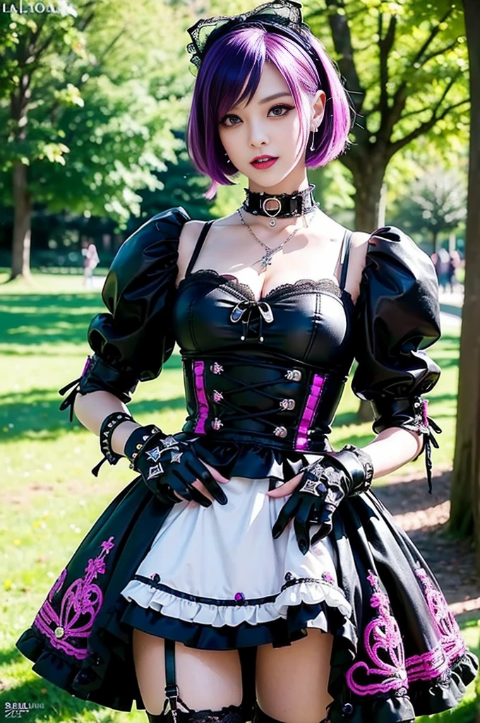 sexy stylish female model, only 1 female, ((doll-like appearance)), short purple stylish hair, ((shiny Punk-Style boots)), (big smile), ultra detailed eyes, Punk makeup, lip-gloss, ((sexy Punk ta cosplay)), unconventional skirt, petticoats, high neckline, ((ultra detailed lace)), ((ultra detailed embroidery)), intricate details, tartan patterns, safety pins, Punk Loliccessoires, short black gloves, Punk Lolita cr, ((large sparkling Punk Lolita jewel, cinematic light, detailed large park background with trees 