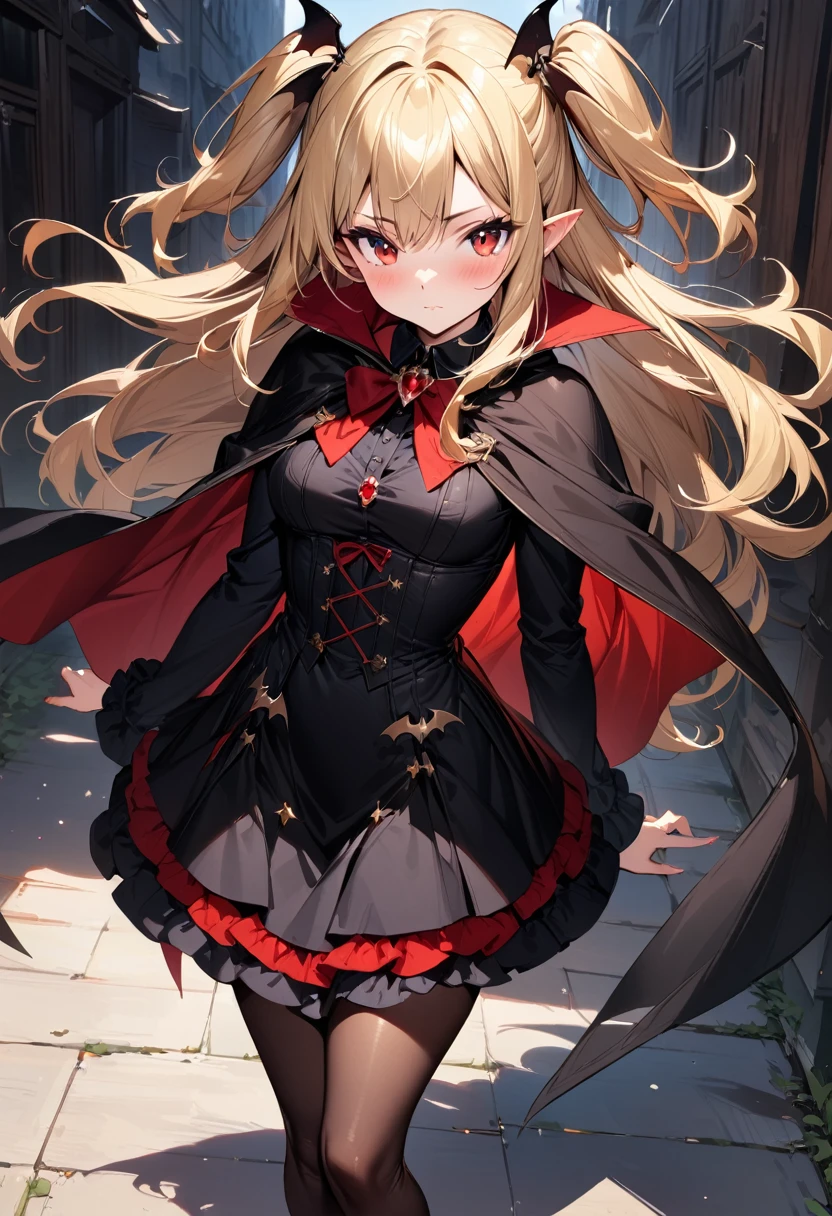 (masterpiece),(best quality),(ultra-detailed),(best illustration),(best shadow),(absurdres),(detailed background),(very aesthetic), 1girl, solo, blonde-hair, red-eyes, pointy-ears, looking-at-viewer, long-hair, pantyhose, vampire, dress, two-side-up, black-pantyhose, hair-ornament, black-dress, cape, bat-hair-ornament, standing, long-sleeves, blush, thick thighs, frills, black-cape, closed-mouth, short-dress, floating-hair,
