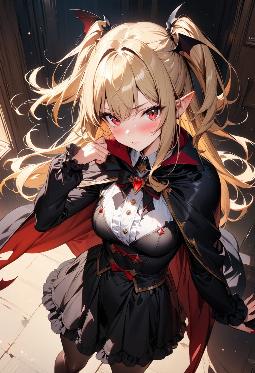 (masterpiece),(best quality),(ultra-detailed),(best illustration),(best shadow),(absurdres),(detailed background),(very aesthetic), 1girl, solo, blonde-hair, red-eyes, pointy-ears, looking-at-viewer, long-hair, pantyhose, vampire, dress, two-side-up, black-pantyhose, hair-ornament, black-dress, cape, bat-hair-ornament, standing, long-sleeves, blush, thick thighs, frills, black-cape, closed-mouth, short-dress, floating-hair,
