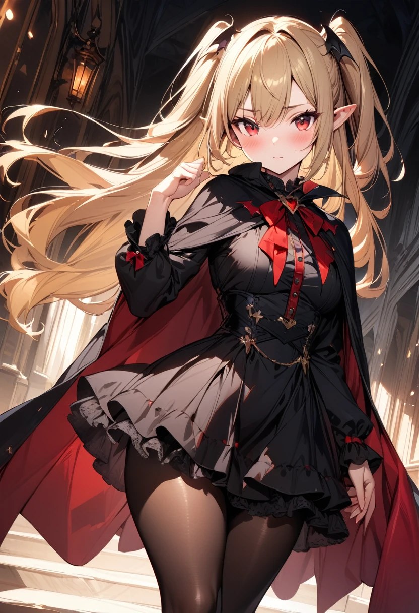 (masterpiece),(best quality),(ultra-detailed),(best illustration),(best shadow),(absurdres),(detailed background),(very aesthetic), 1girl, solo, blonde-hair, red-eyes, pointy-ears, looking-at-viewer, long-hair, pantyhose, vampire, dress, two-side-up, black-pantyhose, hair-ornament, black-dress, cape, bat-hair-ornament, standing, long-sleeves, blush, thick thighs, frills, black-cape, closed-mouth, short-dress, floating-hair,