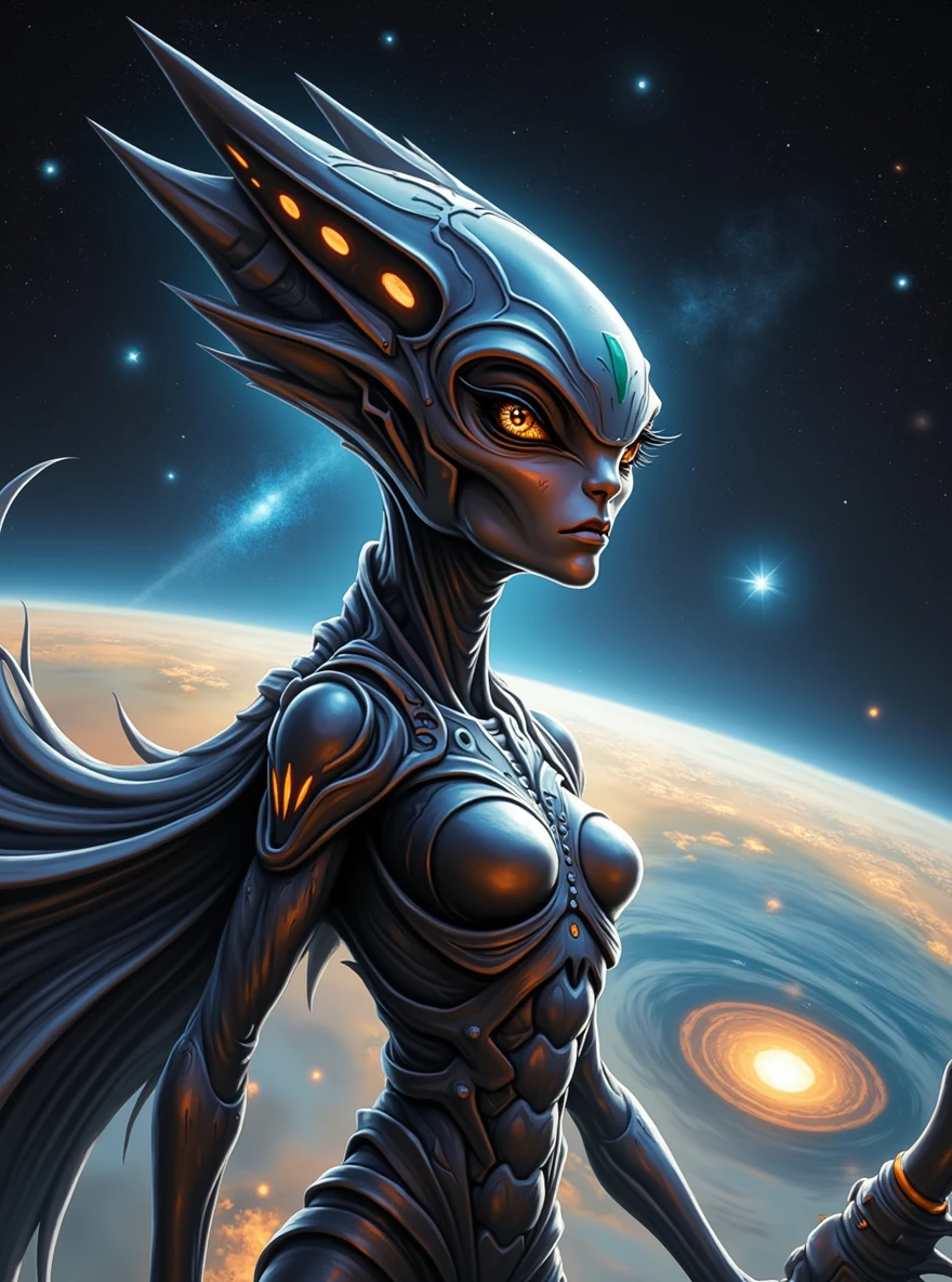 An alien creature from a galaxy far, far away，Demonstrates impressive supernatural abilities，This entity is shrouded in an aura of mystery and power.，Radiating dazzling energy and distinctly non-human features。Its sharp eyes look down upon the earth，Absorb the complexity of human culture and life。This scene is set against the backdrop of a vast, dark universe and mysterious alien structures.，The dark background further highlights the strangeness and huge size of the alien creatures.，The tiny earth is illuminated，Showing its beauty and diversity，This alien is unlike any life form on Earth，Standing in front of a large Zerg-style spaceship，This spaceship is StarCraft style，Alien beauty，The edges are uneven，Unique structure，As if there is life
