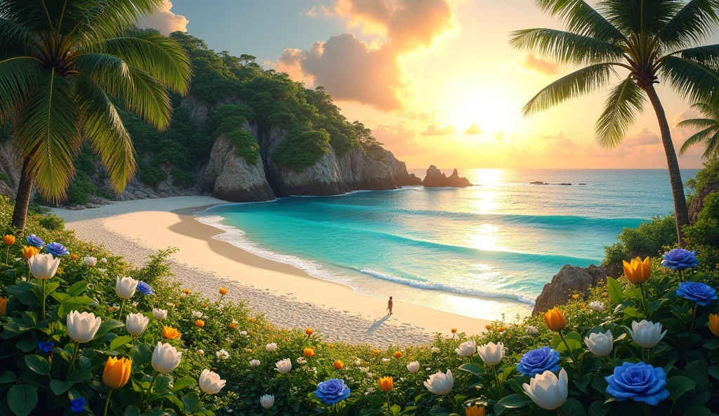 Create an extraordinarily beautiful and surreal tropical island that surpasses the beauty of any known destination, including Fernando de Noronha. This island, a true paradise, features lush, vibrant greenery that stretches across the landscape, intertwined with fields of white tulips, yellow daisies, and striking blue roses. The setting sun, large and golden, descends towards the horizon, casting a warm, ethereal light across the scene, with its rays reflecting off the serene, turquoise ocean.
The island's pristine beach is framed by soft, powdery white sand, gently caressed by crystal-clear waters that shimmer under the fading sunlight. Palm trees, towering and elegant, sway lightly in the tropical breeze, while the flora is enriched with exotic, colorful plants, adding layers of texture and beauty to the environment. The composition includes towering cliffs adorned with cascading waterfalls, and hidden coves that invite exploration, all enveloped in a tranquil, untouched atmosphere.
This island is the epitome of a tropical dream, where every detail, from the vibrant flora to the peaceful waves, is meticulously crafted to evoke a sense of awe and serenity. The setting is so perfect, so breathtaking, that it would undoubtedly be crowned the best beach in the world by any leading travel magazine. Utilize advanced AI techniques to ensure a photorealistic, hyper-detailed representation that captures the imagination and transports the viewer to this ultimate tropical haven.