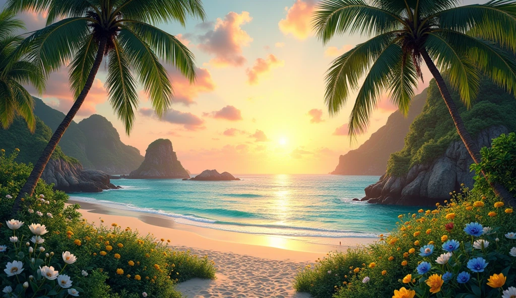 Create an extraordinarily beautiful and surreal tropical island that surpasses the beauty of any known destination, including Fernando de Noronha. This island, a true paradise, features lush, vibrant greenery that stretches across the landscape, intertwined with fields of white tulips, yellow daisies, and striking blue roses. The setting sun, large and golden, descends towards the horizon, casting a warm, ethereal light across the scene, with its rays reflecting off the serene, turquoise ocean.
The island's pristine beach is framed by soft, powdery white sand, gently caressed by crystal-clear waters that shimmer under the fading sunlight. Palm trees, towering and elegant, sway lightly in the tropical breeze, while the flora is enriched with exotic, colorful plants, adding layers of texture and beauty to the environment. The composition includes towering cliffs adorned with cascading waterfalls, and hidden coves that invite exploration, all enveloped in a tranquil, untouched atmosphere.
This island is the epitome of a tropical dream, where every detail, from the vibrant flora to the peaceful waves, is meticulously crafted to evoke a sense of awe and serenity. The setting is so perfect, so breathtaking, that it would undoubtedly be crowned the best beach in the world by any leading travel magazine. Utilize advanced AI techniques to ensure a photorealistic, hyper-detailed representation that captures the imagination and transports the viewer to this ultimate tropical haven.
