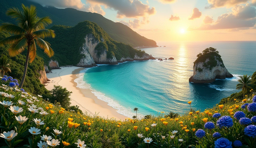 Create an extraordinarily beautiful and surreal tropical island that surpasses the beauty of any known destination, including Fernando de Noronha. This island, a true paradise, features lush, vibrant greenery that stretches across the landscape, intertwined with fields of white tulips, yellow daisies, and striking blue roses. The setting sun, large and golden, descends towards the horizon, casting a warm, ethereal light across the scene, with its rays reflecting off the serene, turquoise ocean.
The island's pristine beach is framed by soft, powdery white sand, gently caressed by crystal-clear waters that shimmer under the fading sunlight. Palm trees, towering and elegant, sway lightly in the tropical breeze, while the flora is enriched with exotic, colorful plants, adding layers of texture and beauty to the environment. The composition includes towering cliffs adorned with cascading waterfalls, and hidden coves that invite exploration, all enveloped in a tranquil, untouched atmosphere.
This island is the epitome of a tropical dream, where every detail, from the vibrant flora to the peaceful waves, is meticulously crafted to evoke a sense of awe and serenity. The setting is so perfect, so breathtaking, that it would undoubtedly be crowned the best beach in the world by any leading travel magazine. Utilize advanced AI techniques to ensure a photorealistic, hyper-detailed representation that captures the imagination and transports the viewer to this ultimate tropical haven.