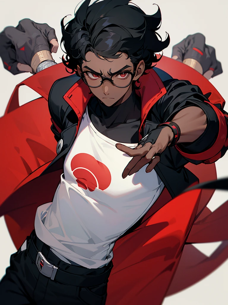 Image of a dark-skinned boy with curly black hair wearing glasses, a red shirt and a black jacket with white details on top and wearing black fingerless gloves, with design based on the style of a pokemon trainer.