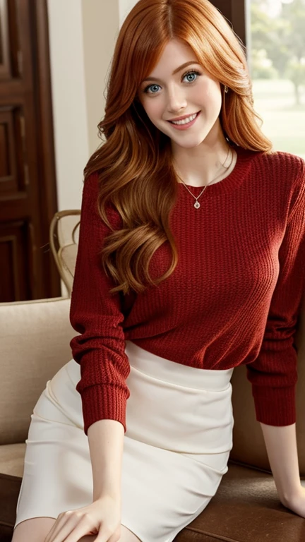 Katherine McNamara wearing sexy classic style clothes and smiling