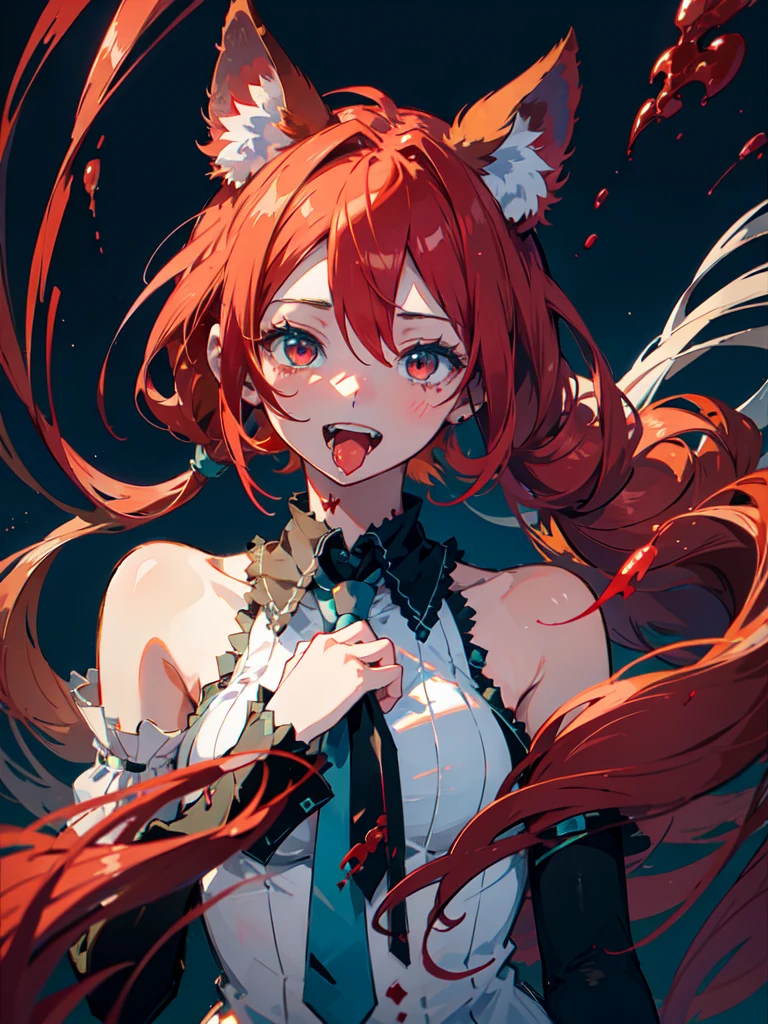 hatsune miku with red hair, psychopath face, blood, cat ears, showing the tongue