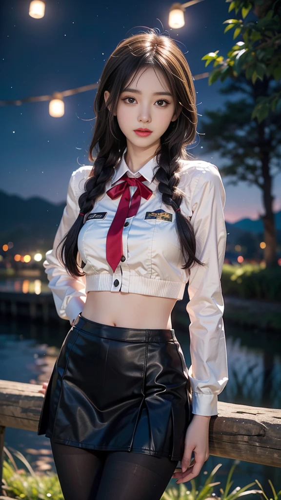 ulzzang-6500-v1.1, (RAW photo: 1.2), (Real photo), (Real photo: 1.4), 1 girl、Perfect anatomy、19 years old、Looking at the camera、Medium length hair、side braids, uniform short skirt, in a surreal royal garden, with many hanging lanterns, under the starry night sky, ((starry night: 1.1))、(Surreal tights: 1.2), (Business service)、Asian eyes Ella,