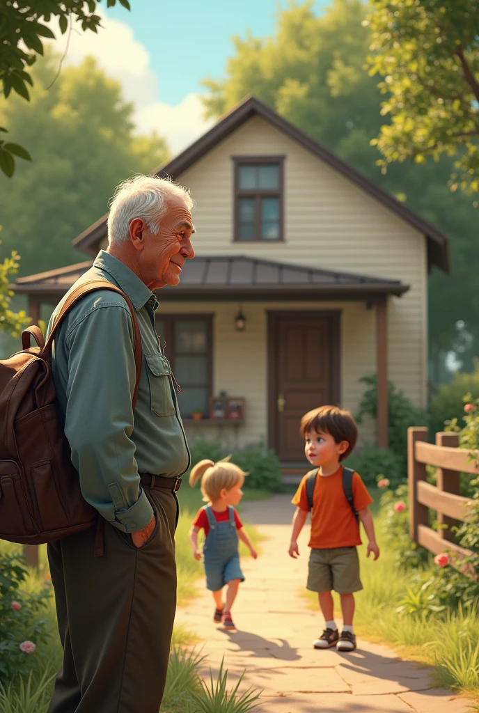 Fais une photo d'un homme qui regarde ces deux enfants devant sa maison 