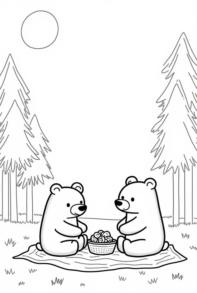 simple coloring page of cute and simple bears on a picnic in the forest, the day is beautiful. with simple and minimalist strokes, more childish drawing, I need the lines to be spaced and clean to make it easier for people to color the drawing. simple trees and little vegetation. Sun in the sky. estilo bobbie goods. the drawing cannot have shadows