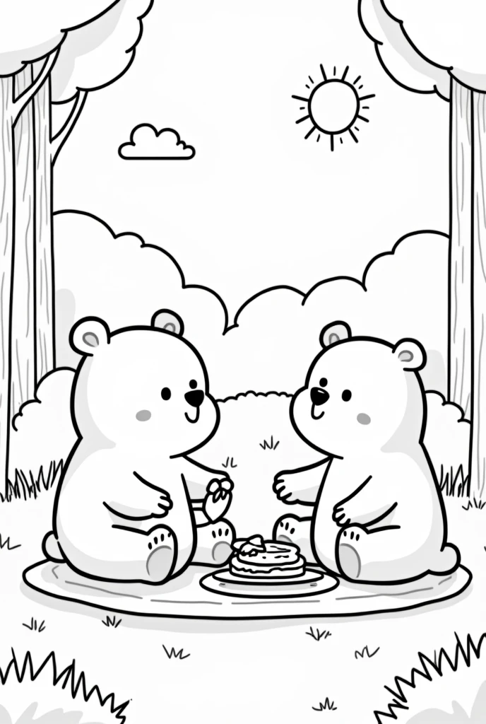 simple coloring page of cute and simple bears on a picnic in the forest, the day is beautiful. with simple and minimalist strokes, more childish drawing, I need the lines to be spaced and clean to make it easier for people to color the drawing. simple trees and little vegetation. Sun in the sky. estilo bobbie goods. the drawing cannot have shadows