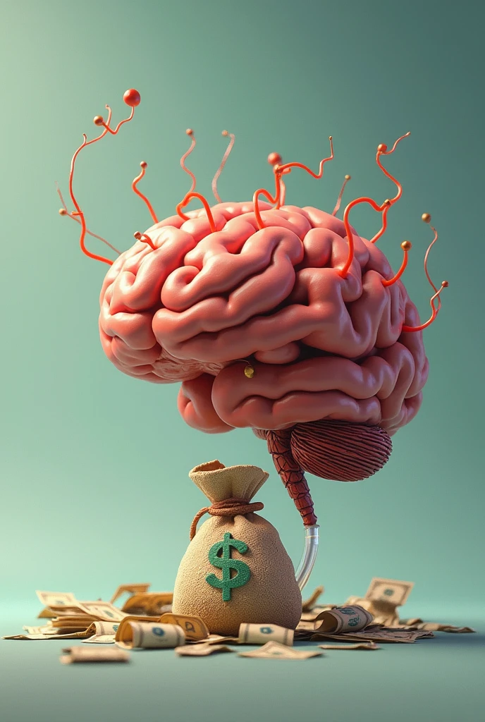 Animated brain thinking about a bag of money