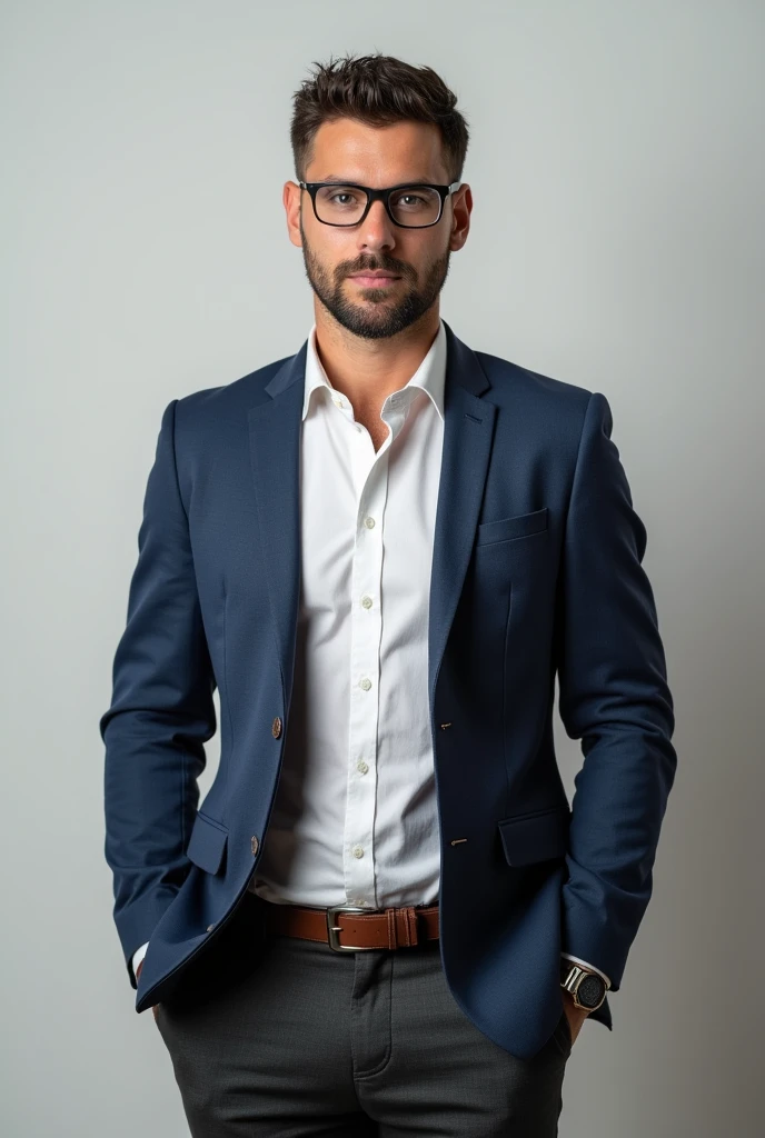 I need a picture of a man in smart casual clothes, glasses and approximately 37 years old, neutral background and more serious expression. It may only be from the chest region upwards., It's for a profile picture.