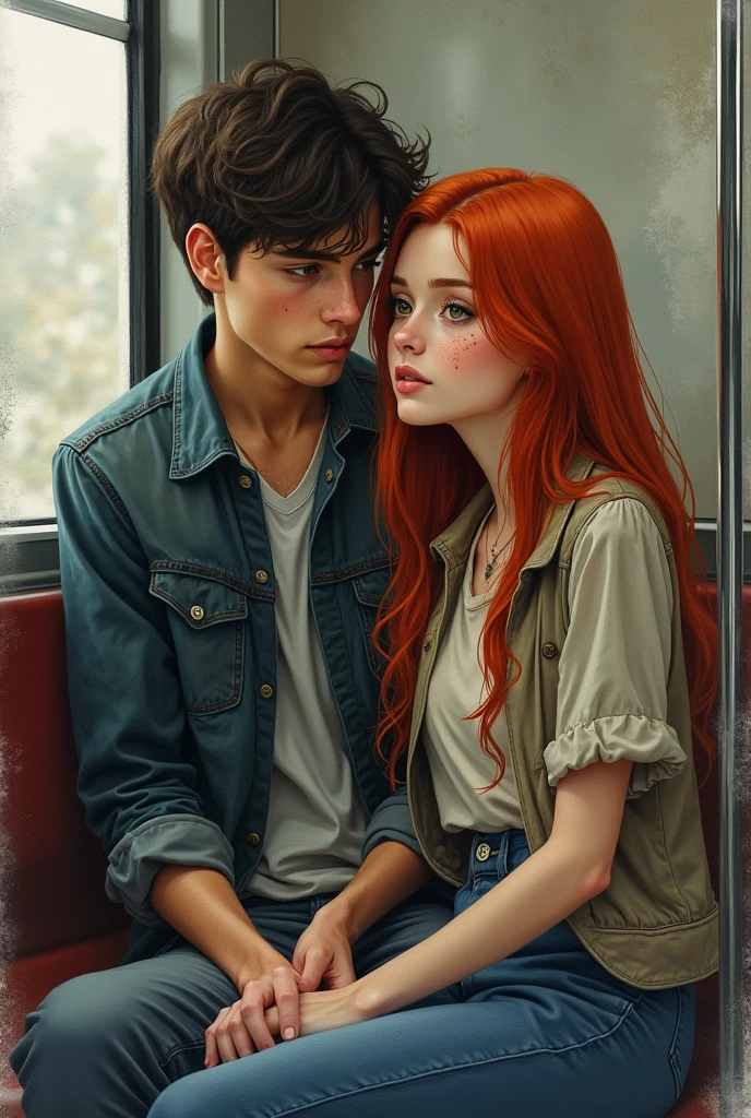 A young man with dark skin, black hair and coffee-colored brown eyes sitting next to his friend who has red hair, green eyes and fair skin with scabies on her cheeks.. They are sitting on a subway alone. artwork style: water colour