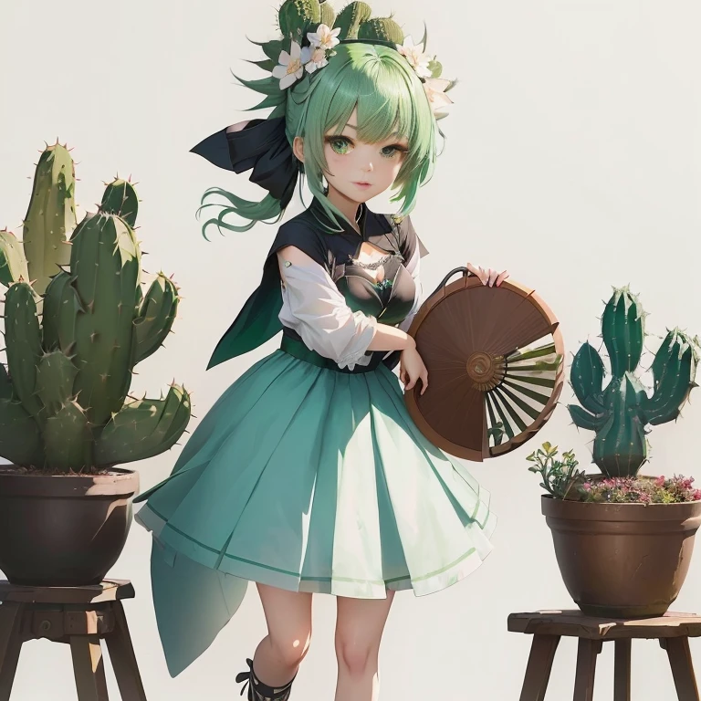 anime girl with green hair holding a fan and a cactus, guweiz on pixiv artstation, guweiz on artstation pixiv, guweiz, loli in dress, artwork in the style of guweiz, cute anime waifu in a nice dress, loli, render of april, trending on artstation pixiv