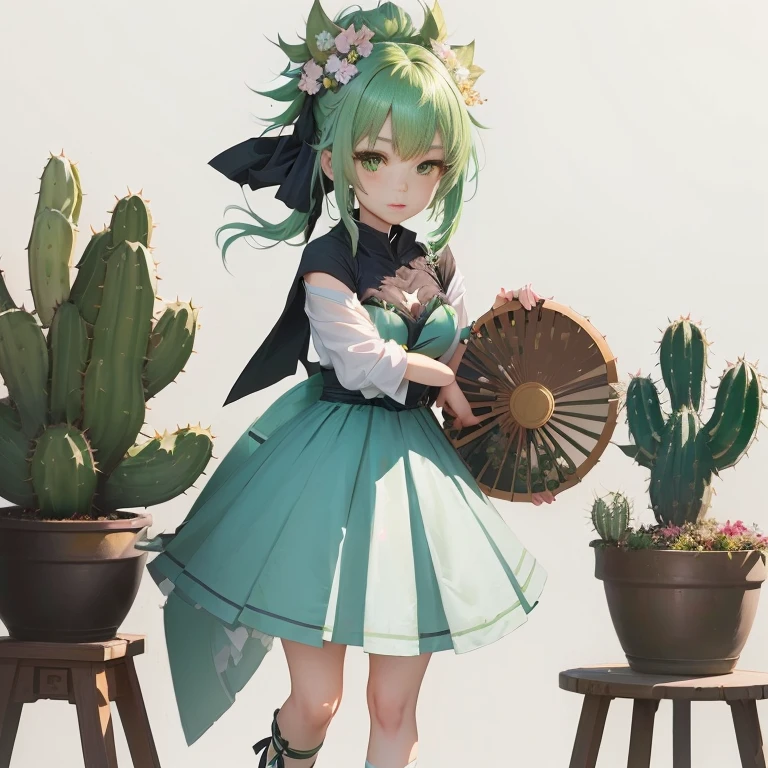 anime girl with green hair holding a fan and a cactus, guweiz on pixiv artstation, guweiz on artstation pixiv, guweiz, loli in dress, artwork in the style of guweiz, cute anime waifu in a nice dress, loli, render of april, trending on artstation pixiv