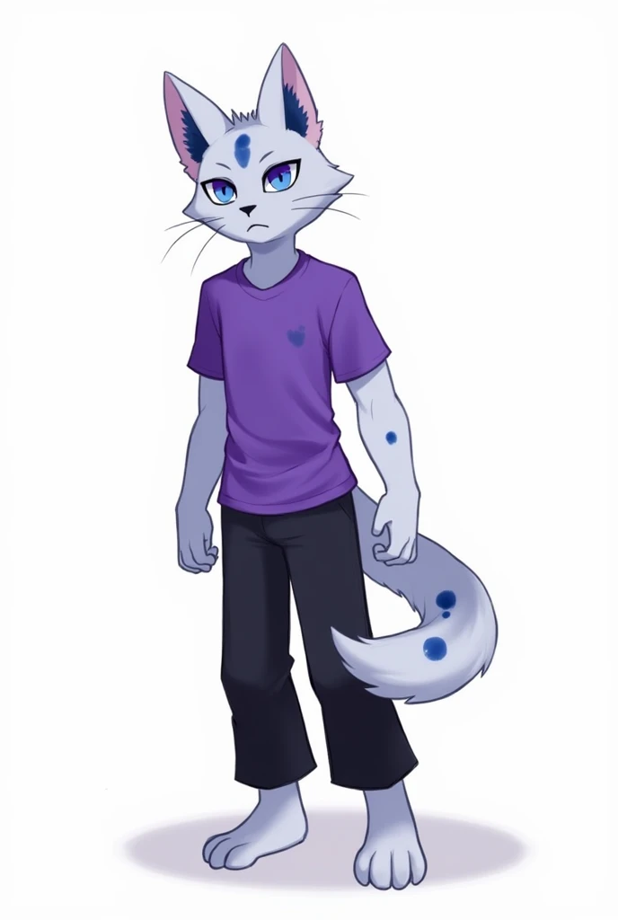 werecat, furry_cat, Lop-eared cat, guy, blue, purple eyes, dark blue spots on the body, fluffy short tail, dog ears, violet shirt with short sleeves, black long pants, long claws, serious, full height, solo, animal ears, furry, 