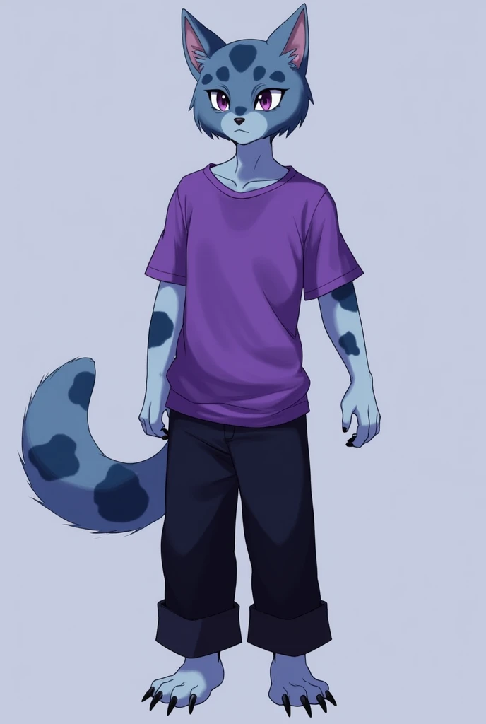 werecat, furry_cat, Lop-eared cat, guy, blue, purple eyes, dark blue spots on the body, fluffy short tail, dog ears, violet shirt with short sleeves, black long pants, long claws, serious, full height, solo, animal ears, furry,
