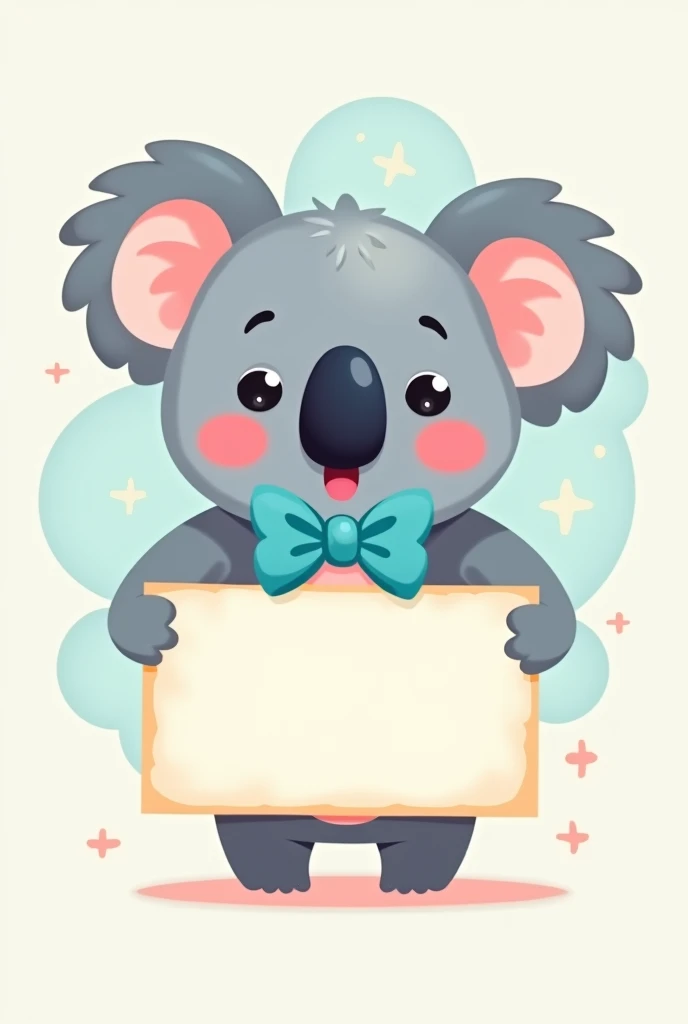 A kawaii character of a koala, sky blue bow tie, holding a sign, pastel cloud background