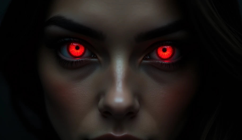 Create an image focused entirely on a woman's eyes with a penetrating and mysterious gaze. Your eyes should have an intense red iris, emanating a subtle glow that suggests power and mystery. The skin around the eyes is smooth, with arched eyebrows that add an expression of strength and determination. The background must be dark, quase negro, to further enhance the contrast with the bright eyes. The light should be soft, just subtly illuminating the facial features, creating an enigmatic and engaging atmosphere.