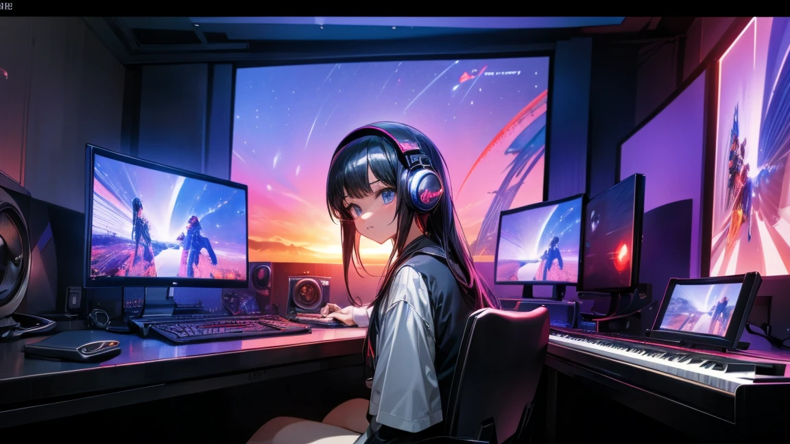 High resolution,High resolution,high quality,Girls playing games,gaming computers,Erogeo Art Style, Roffey Art, zero vibrations, Hip Hop Lofi,beautiful, Lo-fi art, Lo-fi illustration style, zero, Portrait of Roffey, vibe zero, zero, Chill Hop, Anime aesthetics,Japanese style,Large windows,Girl wearing headphones,sunset、(Eyes on a computer)