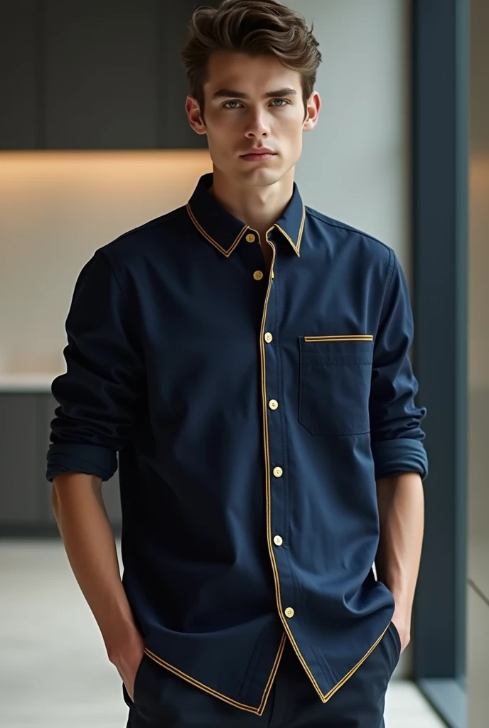 Navy blue shirt with mustard detail
