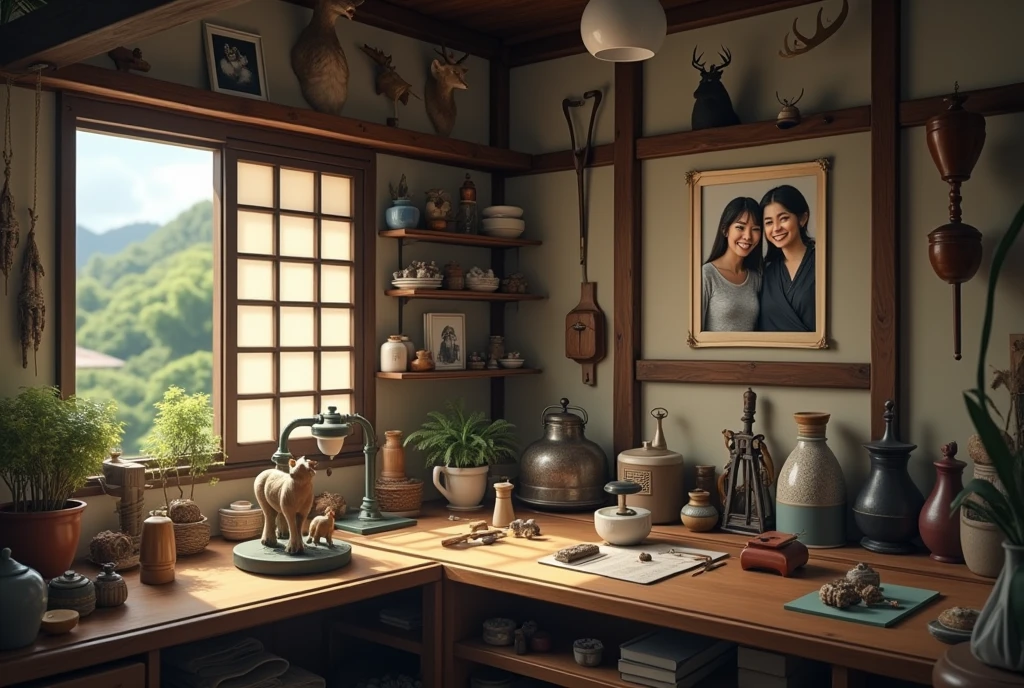 ((Japanese countryside))Taxidermy studio in、Old photos on the wall、The photo was of a smiling Japanese taxidermist and a young Japanese woman.、That's how it is々Tools were hanging(((It was pinned to the wall of the workshop.)))